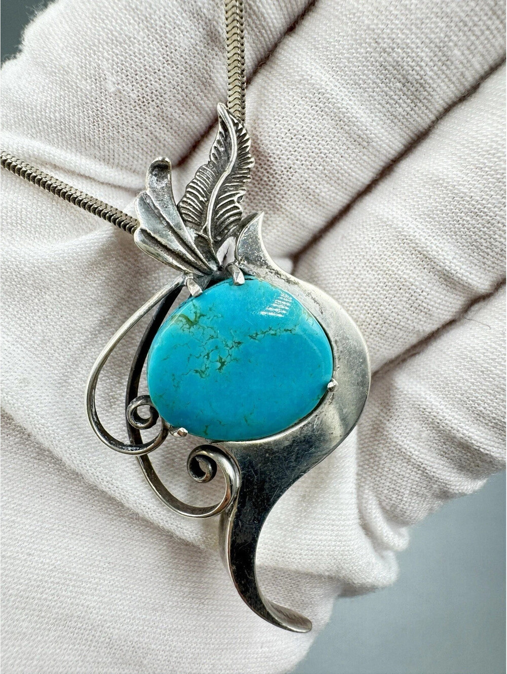 Vintage Navajo Sterling Silver Turquoise Pendant on Chain Les Baker Jewelry 14”
